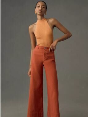 NWT Maeve Anthropologie Colette Wide-Leg Linen Pants Orange Size 28